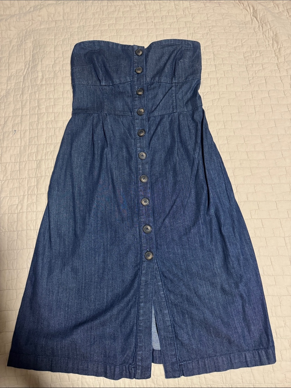 Boutique Strapless Button-Front Denim Midi Dress- Dark Blue FITS LIKE MEDIUM